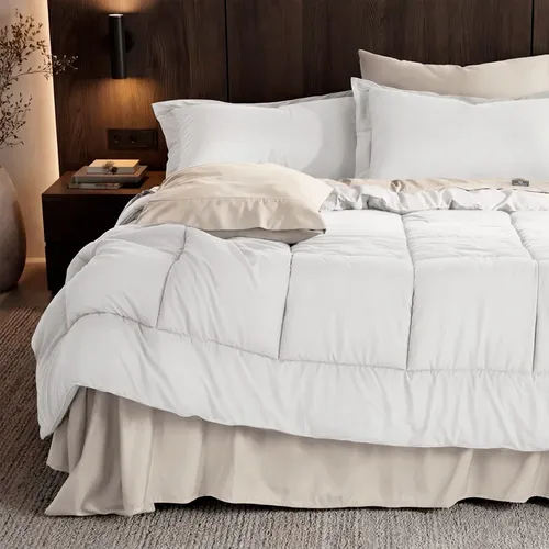 Set de 7 Piezas Edredón Acolchado y Sábanas Queen Size Real Textil, Colcha Todo el Año, Hipoalergénica, Color Blanco y Beige