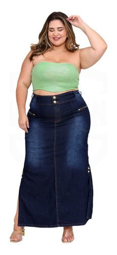 Saia Longa Jeans Abertura Lateral Plus Size - Azul Escuro