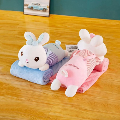 Peluches Con Manta Suaveregalo Ideal40a50cm+manta 1,55x1m Conejos Azul O Rosa
