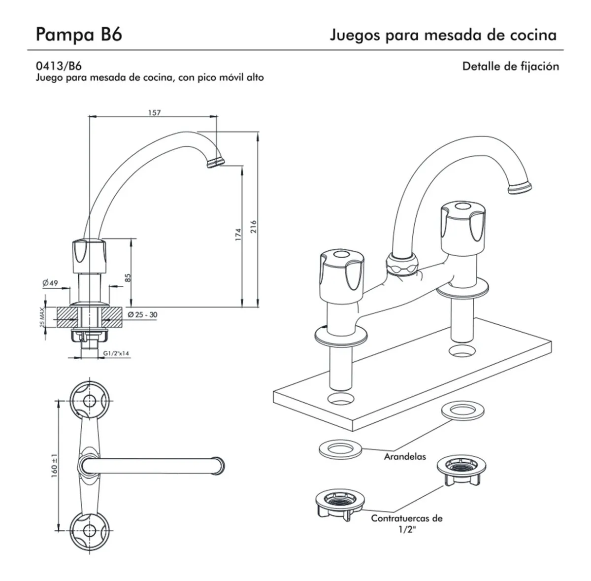 Griferia Para Cocina Fv Pampa De Mesada Cromo 413/b6 Acabado Cromado