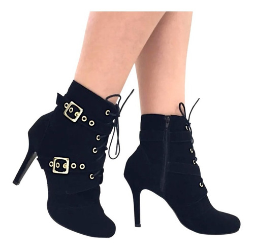 Imagem 1 de 1 de Bota Ankle Boot Salto Alto Fino Black Cadarço Cano Curto