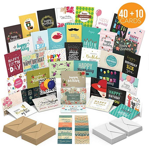 Tarjetas De Cumpleaños Surtido Con 40 Diseños Únicos - En Bl