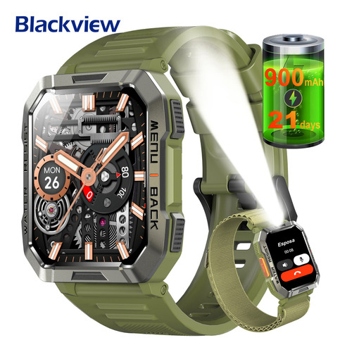 Reloj Smartwatch Reloj Inteligente Blackview Bvw60 Verde De 2.1 Pulgadas, Smart Watch, Hombre Reloj Inteligente Militar, Linterna Bluetooth, Ip68, Resistente Al Agua, Verde