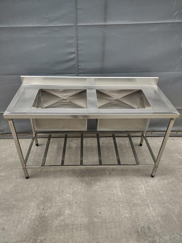 Pia Inox Industrial 120x60x90 C/ Prateleira Gradeada 2 Cubas