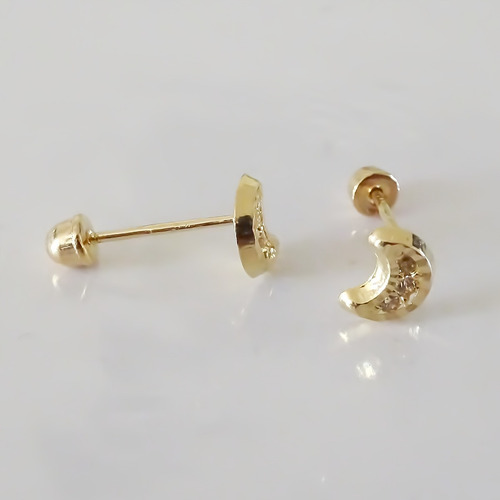 Amor Eterno - Broqueles Luna Mini Diamantes / Aretes Oro 10k