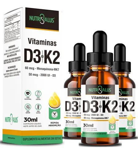 comprar Kit 3 Vitamina D3 Com Vitamina K2 - Mk7 60 Mcg Por Dose, Rápida Absorção, 300 Doses, 30ml Nutri Salus