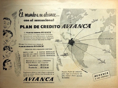 Avianca Aviación Antiguo Aviso Publicitario De 1956