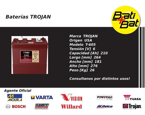 Imagen 2 de 8 de Batería Trojan 6v T-605 Carro Golf Solar Eolica Nautica Usa
