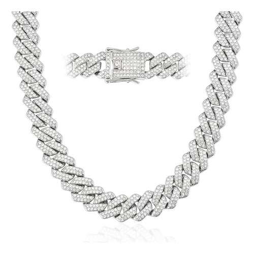 Cadena Cubana 18k Oro Plata Con Diamantes Corte Redondo