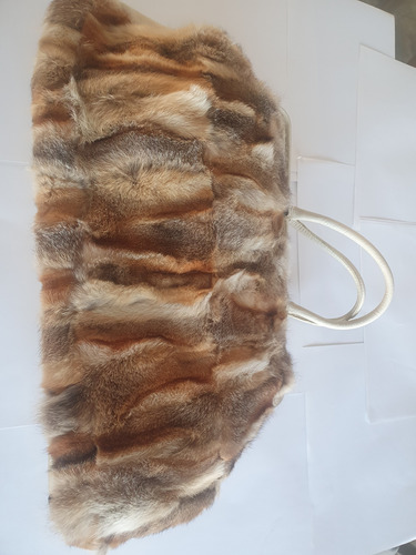 Cartera Bolso Cuero Y Piel Zorro Con Detalles De Vidriera Beige Oro