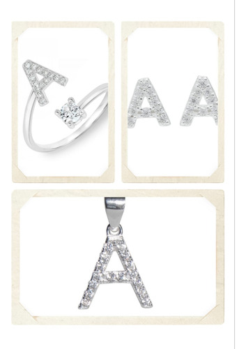 Set Arete Anillo Dije Letra A 100% Plata 925 Mujer Regalo 