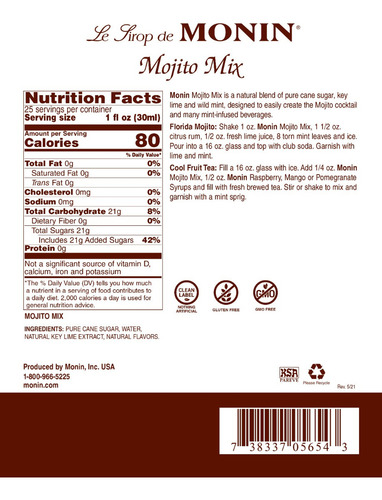 Monin, Jarabe Mojito Mix, Botella, 750 Mililitros