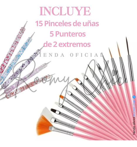 15 Pinceles Para Mano Alzada + Punteros Decoracion De Uñas