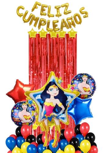 Globo Feliz Cumpleaños Metálico Mujer Maravilla Wonder Woman Color Rojo