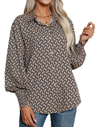 Camisa De Manga Farol Con Estampado Geométrico Para Mujer