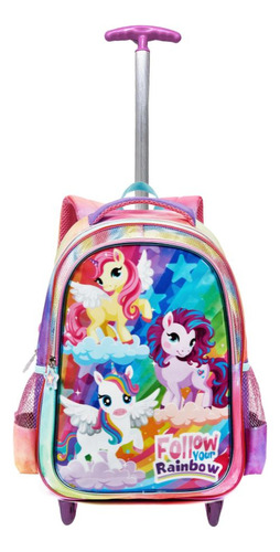 Mochila Rodinha Unicórnio Arco Iris Meninas Escolar Colorida