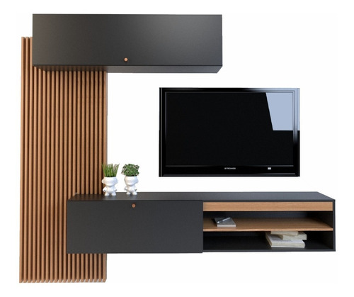 Rack Tv Flotante Moderno Mueble Centro De Entretenimiento Color Olmo con Negro AMV