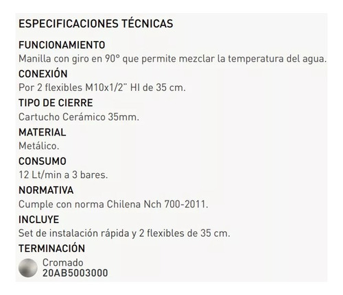 Llave Monomando Lavatorio Alabama Pmb