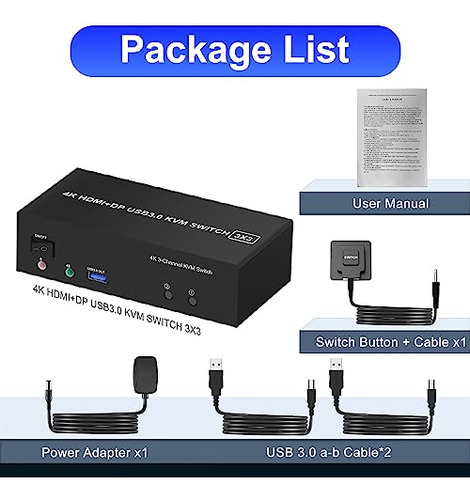 Switch Kvm Hdmi + 2 Displayport Usb 3.0 Para Triple Monitor
