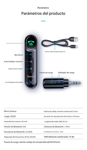Receptor Bluetooth 5.0 Auxiliar Con Manos Libres Baseus