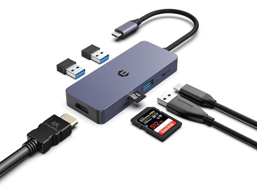 Hub Usb C 7 Puertos, Adaptador Usb C Con Monitor Doble Hdmi 