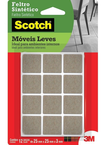 Feltro Adesivo Cadeira Sofá Quadrado Scotch 3m 25mm C/ 12 Un