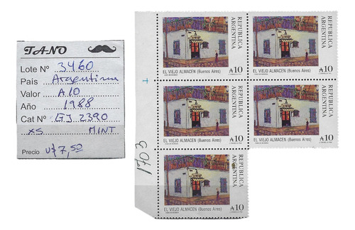 Lote3460 Argentina 10 Australes 1988 Gj#2390 Mint X5