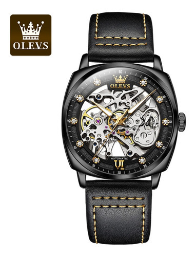 Olevs Leather Hollow Out Reloj Mecánico Para Hombre Color Del Bisel Negro