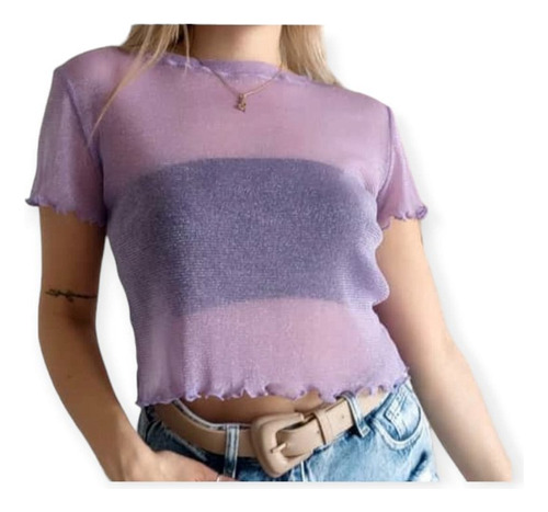 Crop O Top De Tul Transparente Manga Corta Super Sexy