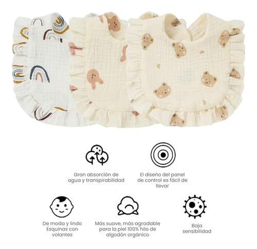 3 Baberos Algodón Doble Transpirable Bebés Unisex Absorben F