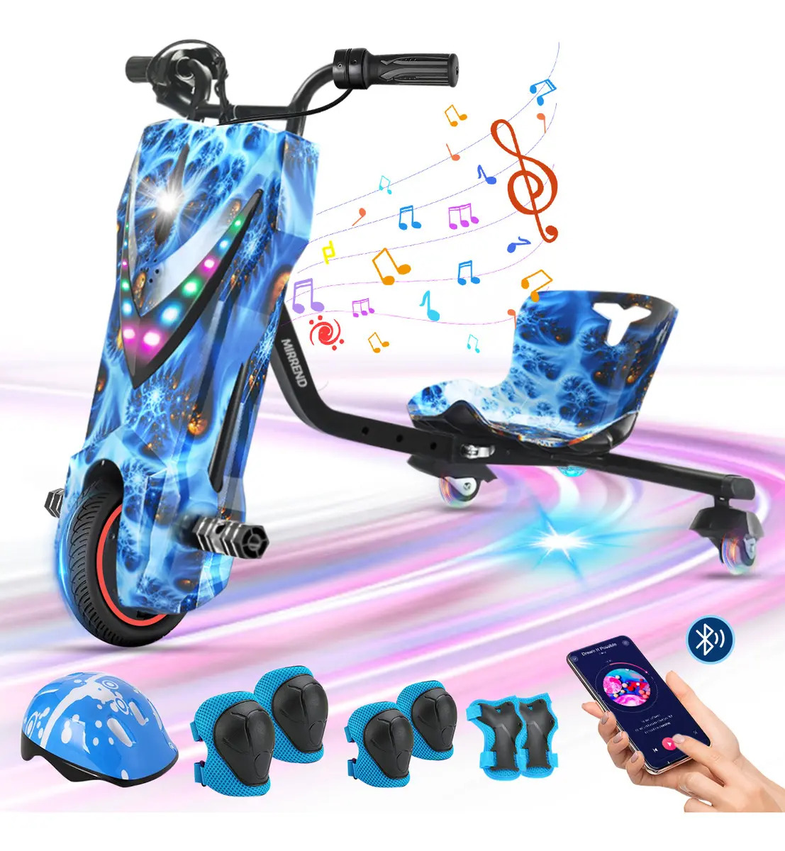 Triciclo Eléctrico 360 Carros montables electricos para niños MIRREND T6 Con Bluetooth Museic RGB 4.4ah Fénix Azul