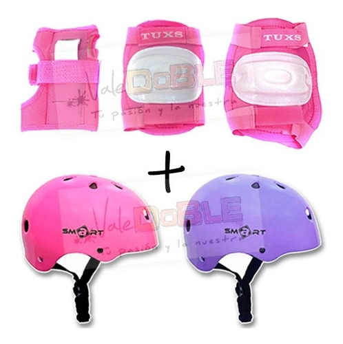 Combo Casco + Set De Protecciones Para Nena Rodilleras Coderas Muñequeras Kit De Seguridad