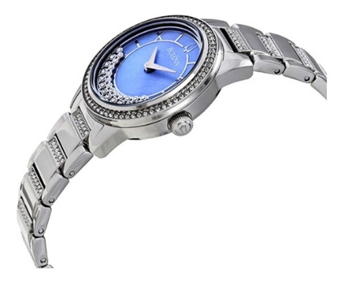 Reloj Bulova 96l260j con visera azul, 52 cristales de Swarovski, correa de color plateado con bisel de Swarovski, color plateado con fondo de Swarovski, color azul perla
