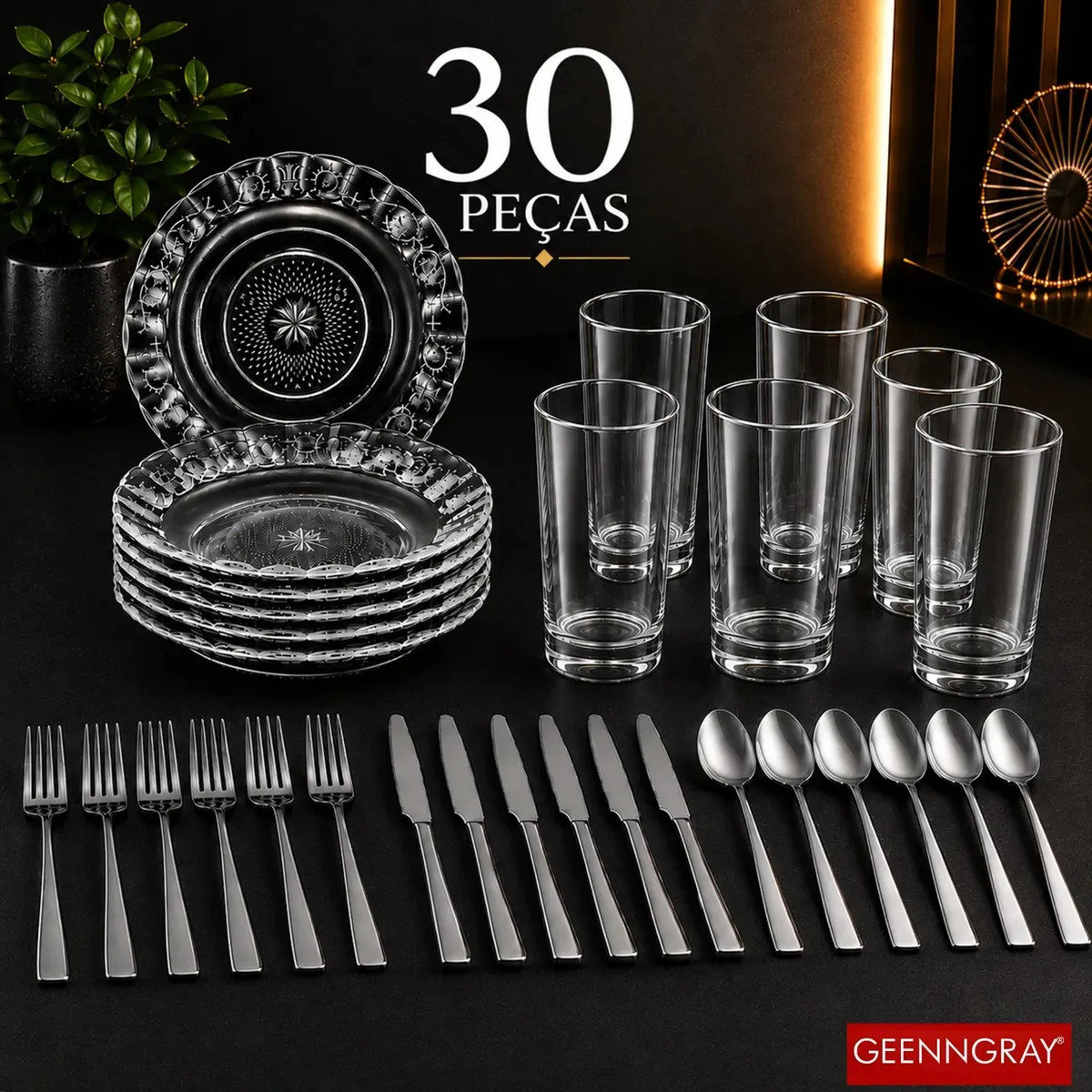 Aparelho Jantar Completo Jogo 30 Peças Pratos Fundos Lisa + Copos Vidro Liso + Talheres Inox Mesa Posta Geenngray