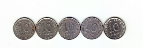 Argentina. 5 Monedas De 10 Ctvs. 1951/52/53/54/56. (#).