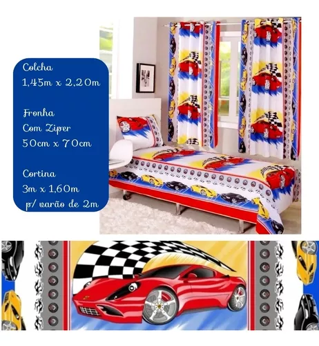 Kit Jogo de Quarto Infantil Cortina e Jogo Lençol Carros McQueen