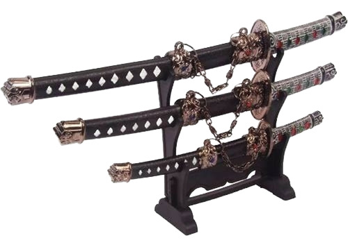 Kit Mini Katana Com 3 Espadas Enfeite C\suporte Samurai