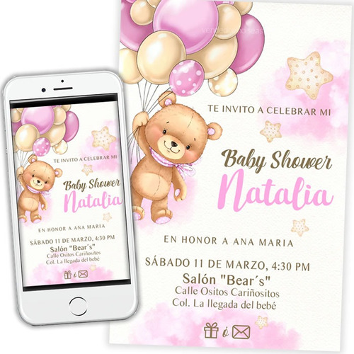 Invitacion Baby Shower Osito Oso Rosa Digital Personalizada