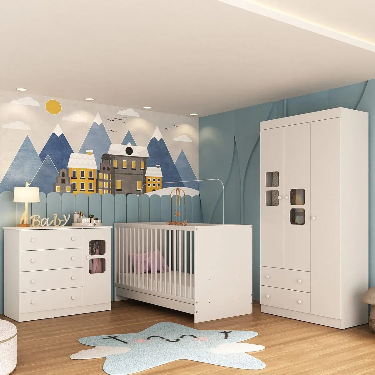 Quarto de Bebê Completo com Berço 3 em 1 para Colchão 130x60cm Brisa Multimóveis MP4525 Branco