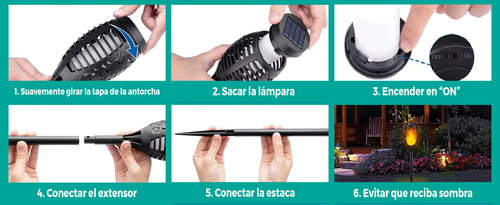 Lampara Solar Antorcha Para Jardín Efecto Fuego Ip65 Unidad Estructura Negro 12