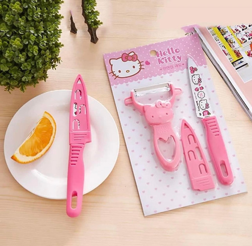 Set De Cuchillo Y Pelador Hello Kitty + Pluma De Regalo 