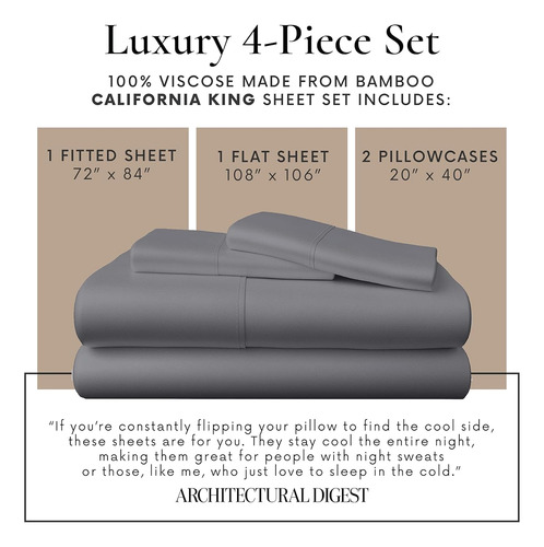 Juego De Sabanas California King Bambu Color Gris Oscuro