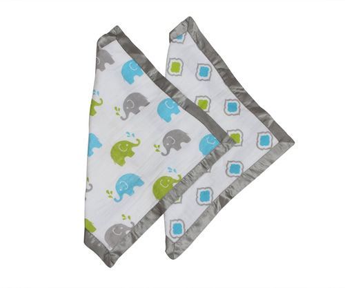 Bacati Elephants Muslin 2 Piece Security Blankets, Aqua/lime