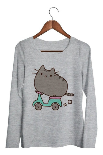 Remera De Mujer Gato Moto Caricatura Dibujito Gris Ml