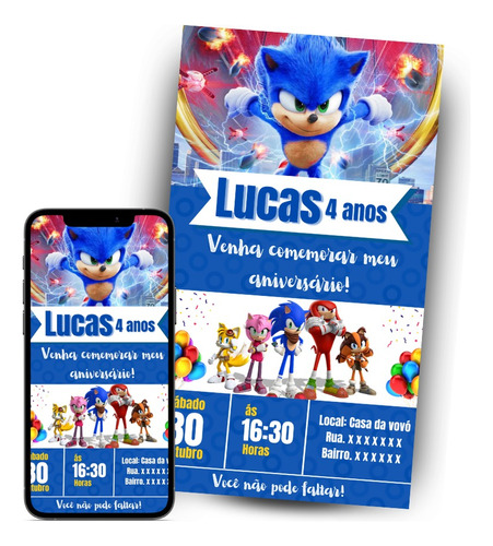 Convite Digital Sonic Filme Aniversário Infantil De Menino