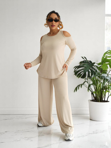 Conjunto Monocromático De Bata Ombro Vazado E Calça Ref: 266