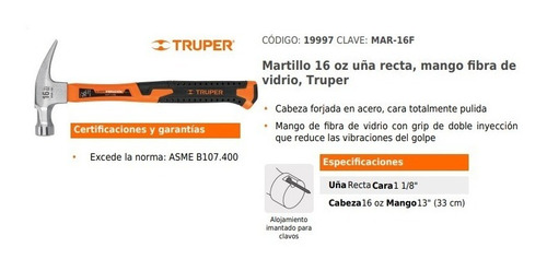 Martillo Uña Recta, 16 Oz, Mango Fibra Vidrio, Truper, 19997