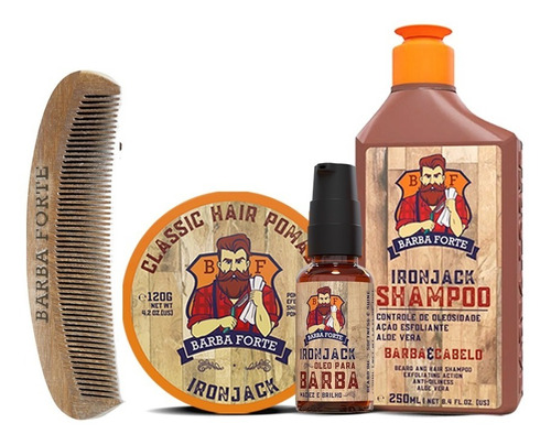 Combo Ironjack Shampoo Pomada Óleo Barba Peine Madera Barba