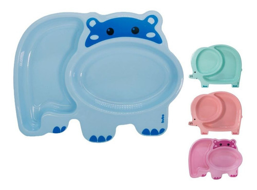 Prato Para Bebe Infantil Alimentação C/ Divisórias Estampado Cor Hipopótamo Azul