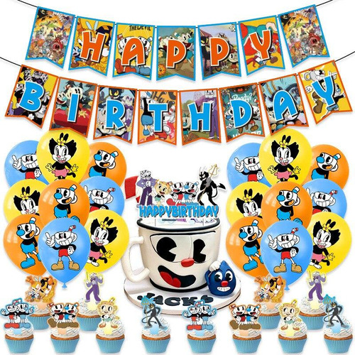 Pack Cumpleaños Cuphead Y Mugman Globos Toppers Cinta Y Mas